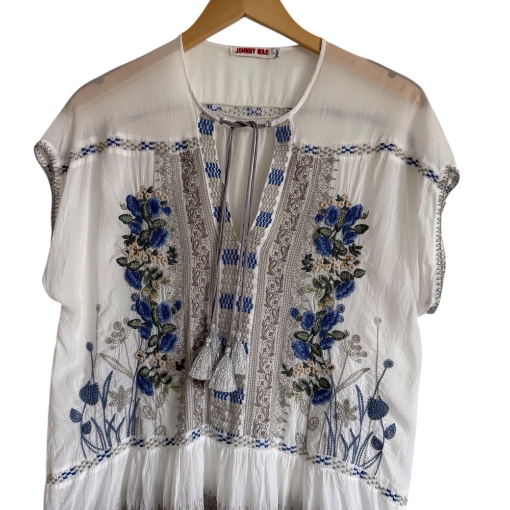 Johnny Was Noah Blouse Blue Silver White Embroidered Small Boho Coquette Sheer
